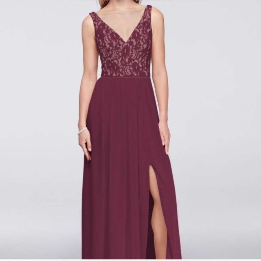 David's Bridal Illusion V-Neck Sleeveless Lace & Mesh maxi Dress prom grad dress